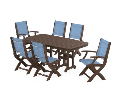POLYWOOD® Coastal Folding Chair 7-Piece Dining Set in Mahogany / Poolside Sling