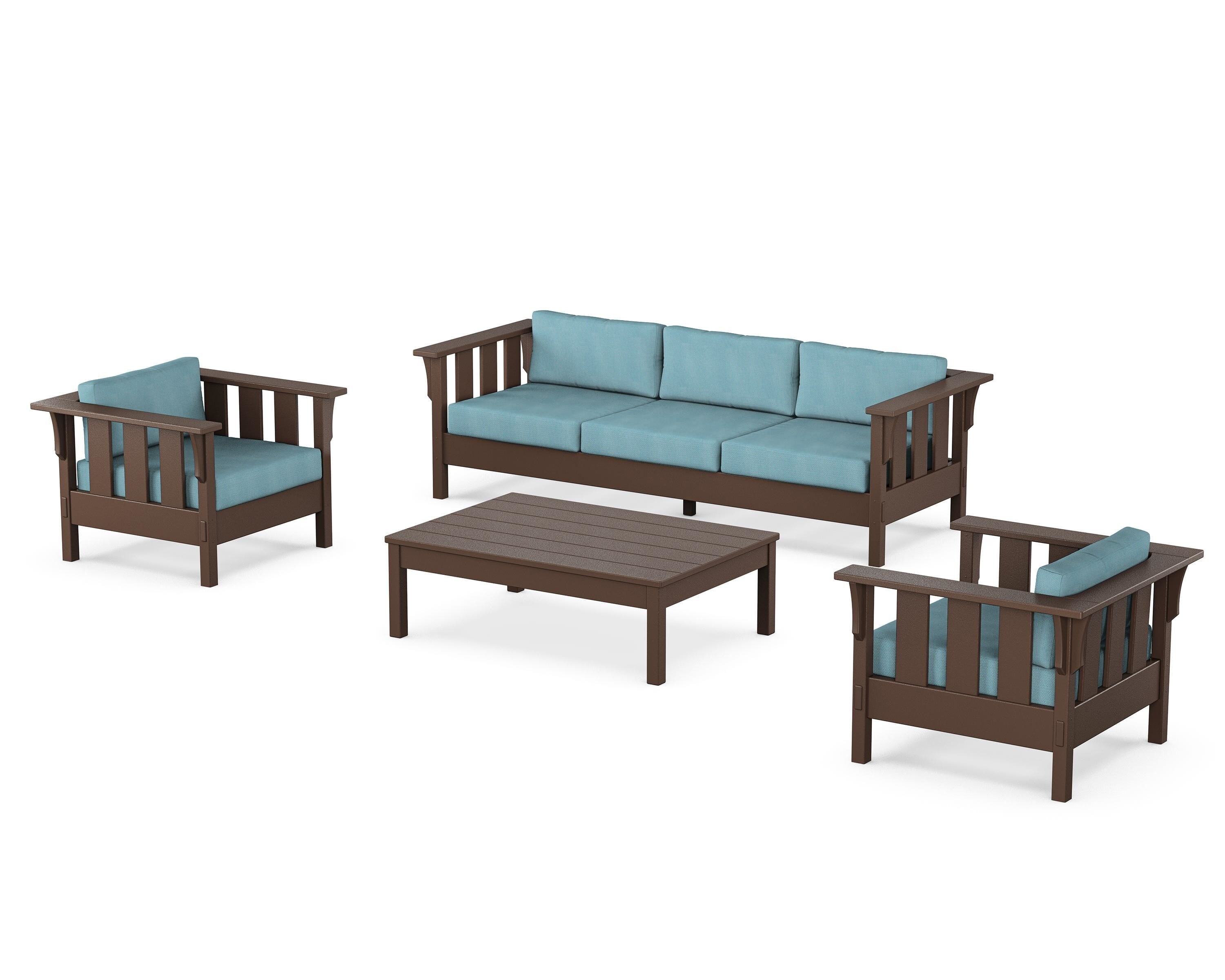 Martha Stewart by POLYWOOD® Acadia 4-Piece Deep Seating Set with Sofa in Mahogany / Lattice Sky Blue