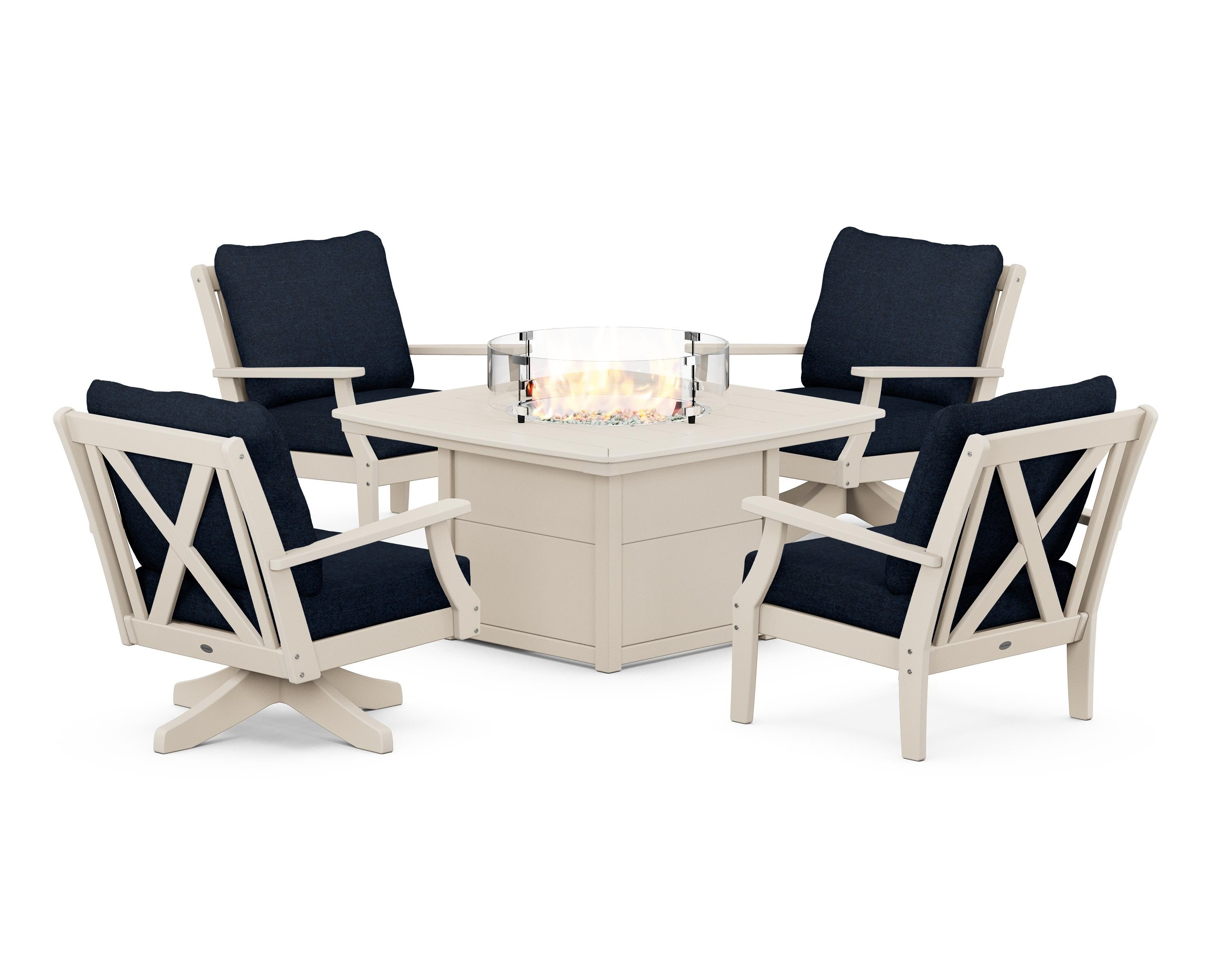 POLYWOOD® Braxton 5-Piece Deep Seating Set with Fire Table in Sand / Marine Indigo