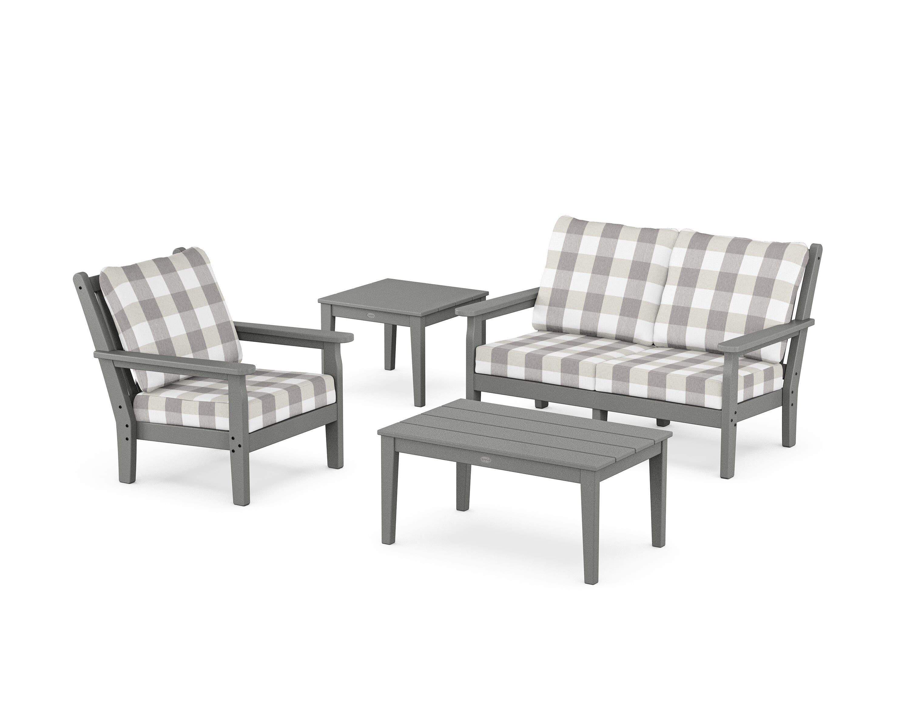 POLYWOOD® Chippendale 4-Piece Deep Seating Set in Slate Grey / Buffalo Plaid Grey Mist
