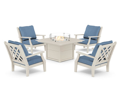 Country Living Wovendale 5-Piece Deep Seating Set with Fire Pit Table in Sand / Sky Blue