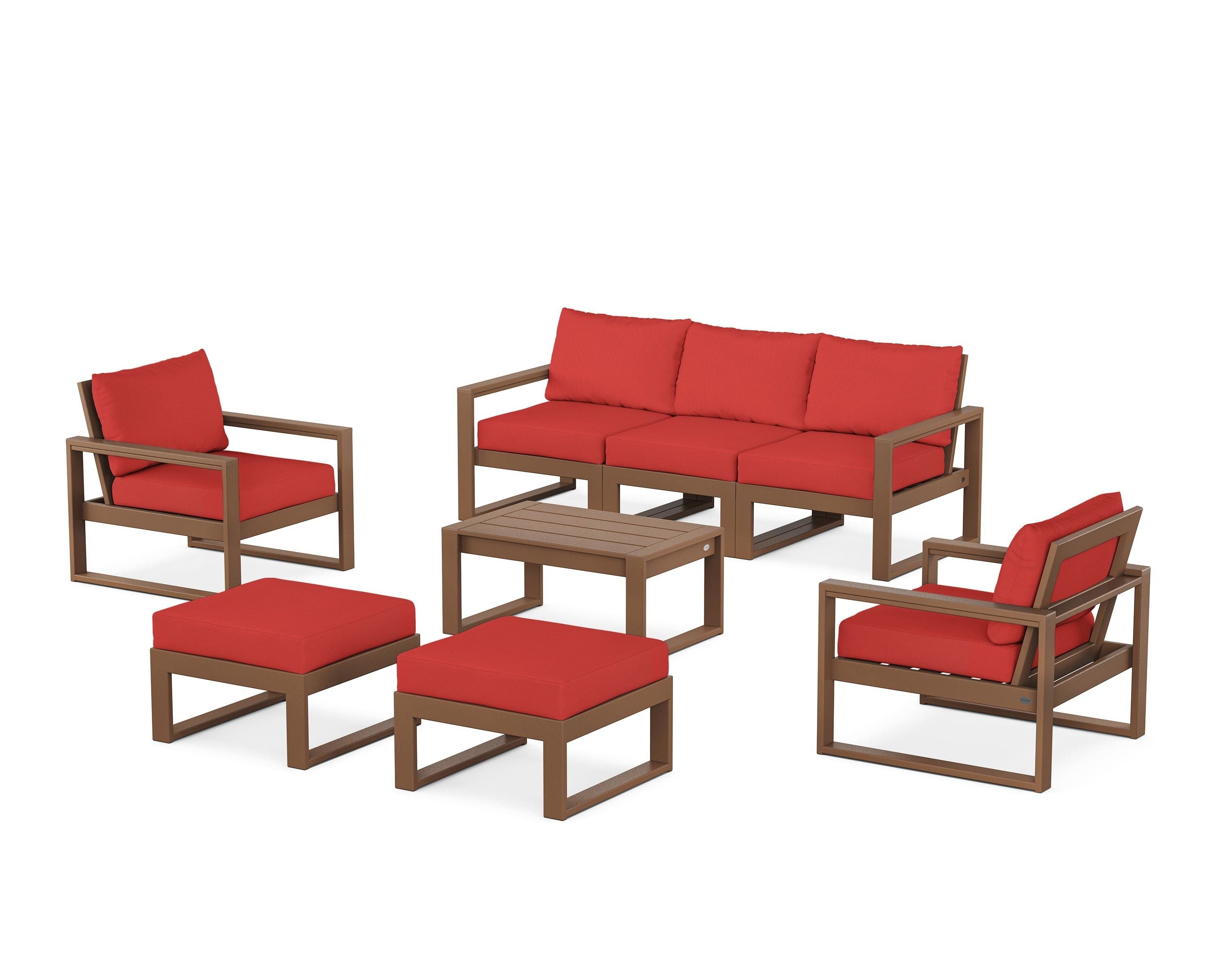 POLYWOOD® EDGE Sectional 8-Piece Lounge Sofa Set in Teak / Crimson Linen