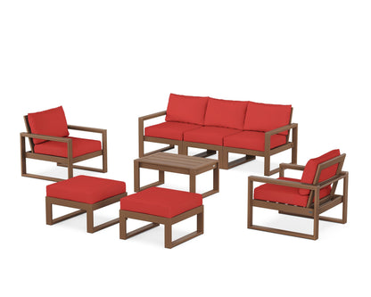 POLYWOOD® EDGE Sectional 8-Piece Lounge Sofa Set in Teak / Crimson Linen