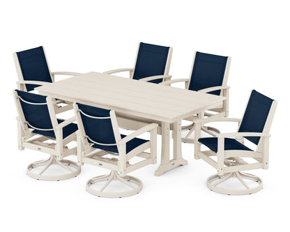 POLYWOOD® 7 Piece Coastal Swivel Rocker Dining Set in Satin Tan / Sand / Navy Blue Sling