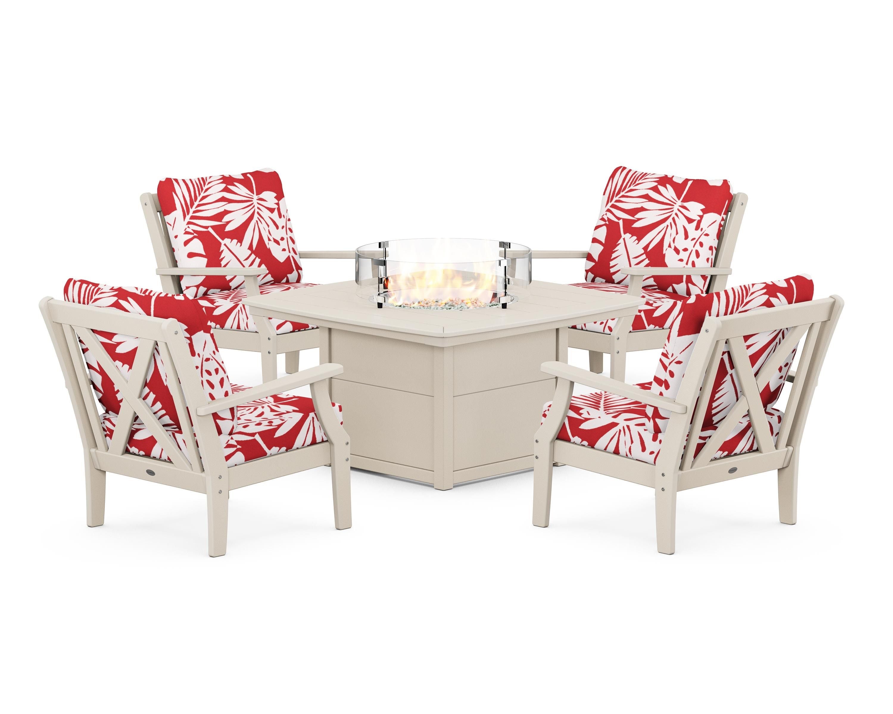POLYWOOD® Braxton 5-Piece Deep Seating Conversation Set with Fire Pit Table in Sand / Leaf Crimson
