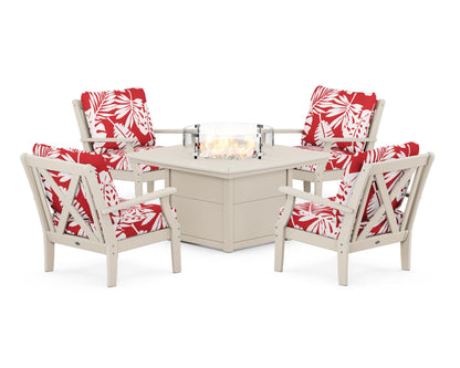 POLYWOOD® Braxton 5-Piece Deep Seating Conversation Set with Fire Pit Table in Sand / Leaf Crimson