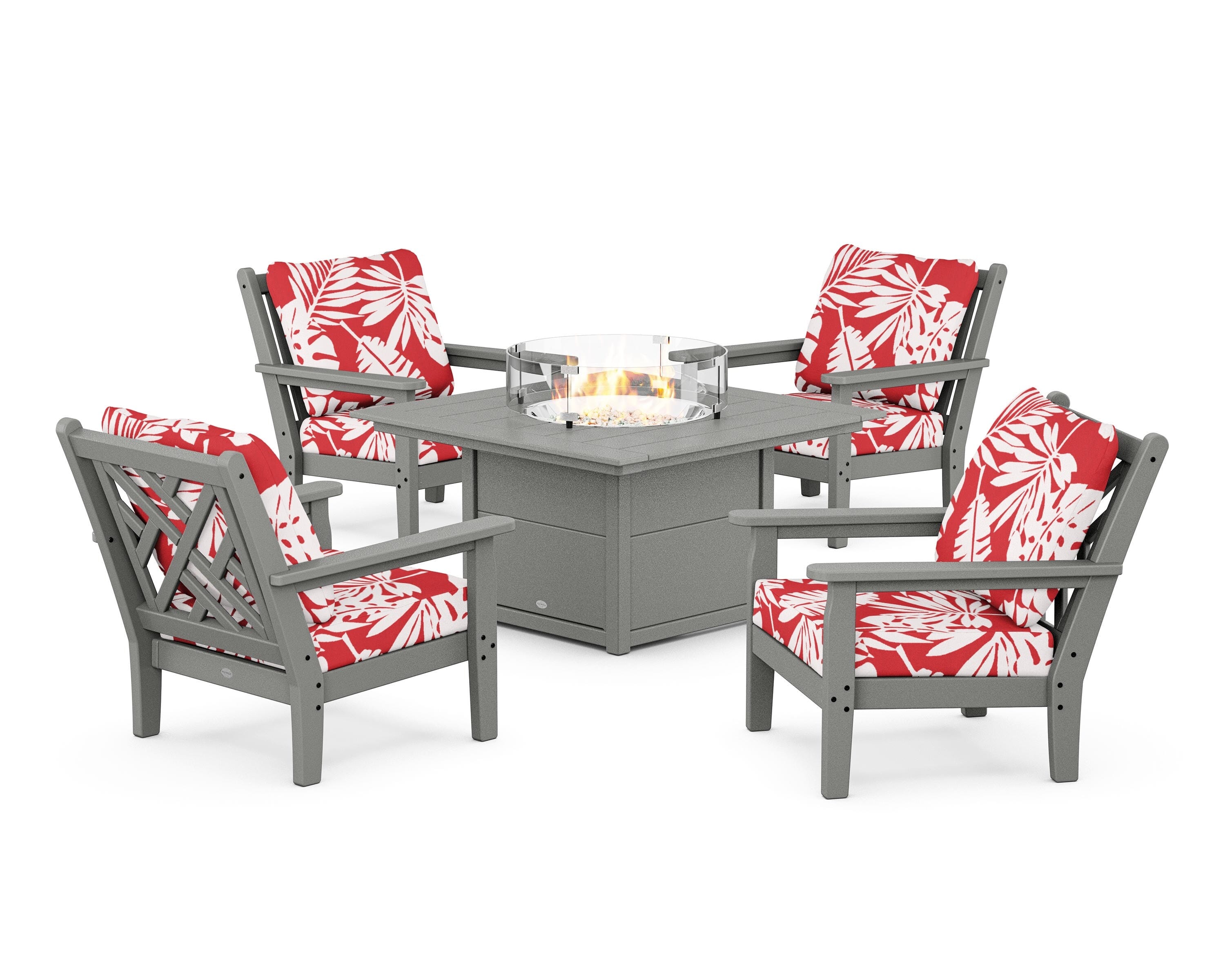 POLYWOOD® Chippendale 5-Piece Deep Seating Set with Fire Pit Table in Slate Grey / Leaf Crimson