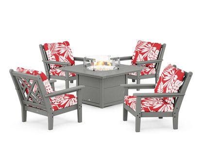 POLYWOOD® Chippendale 5-Piece Deep Seating Set with Fire Pit Table in Slate Grey / Leaf Crimson
