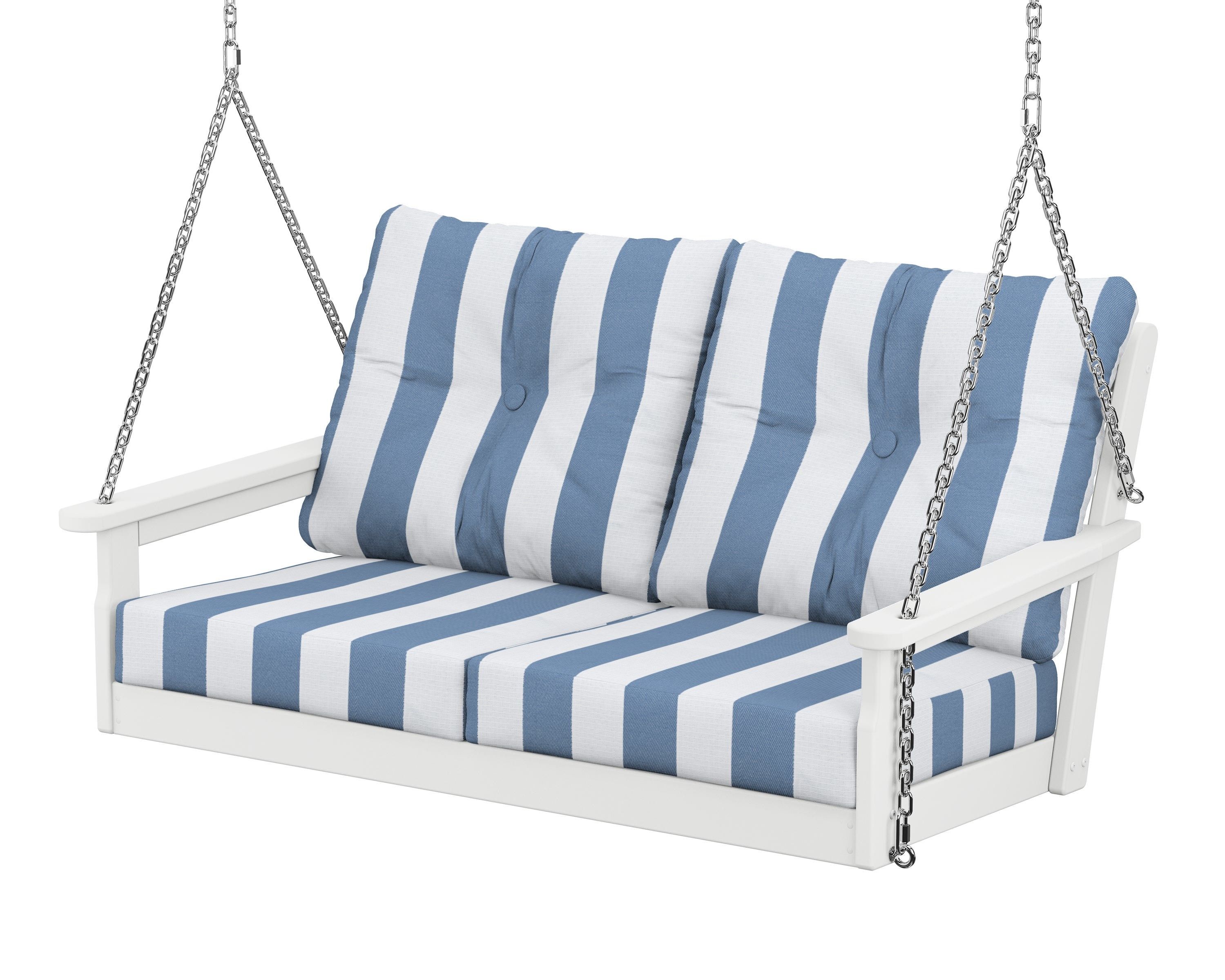 POLYWOOD® Vineyard Deep Seating Swing in White / Cabana Stripe Sky Blue