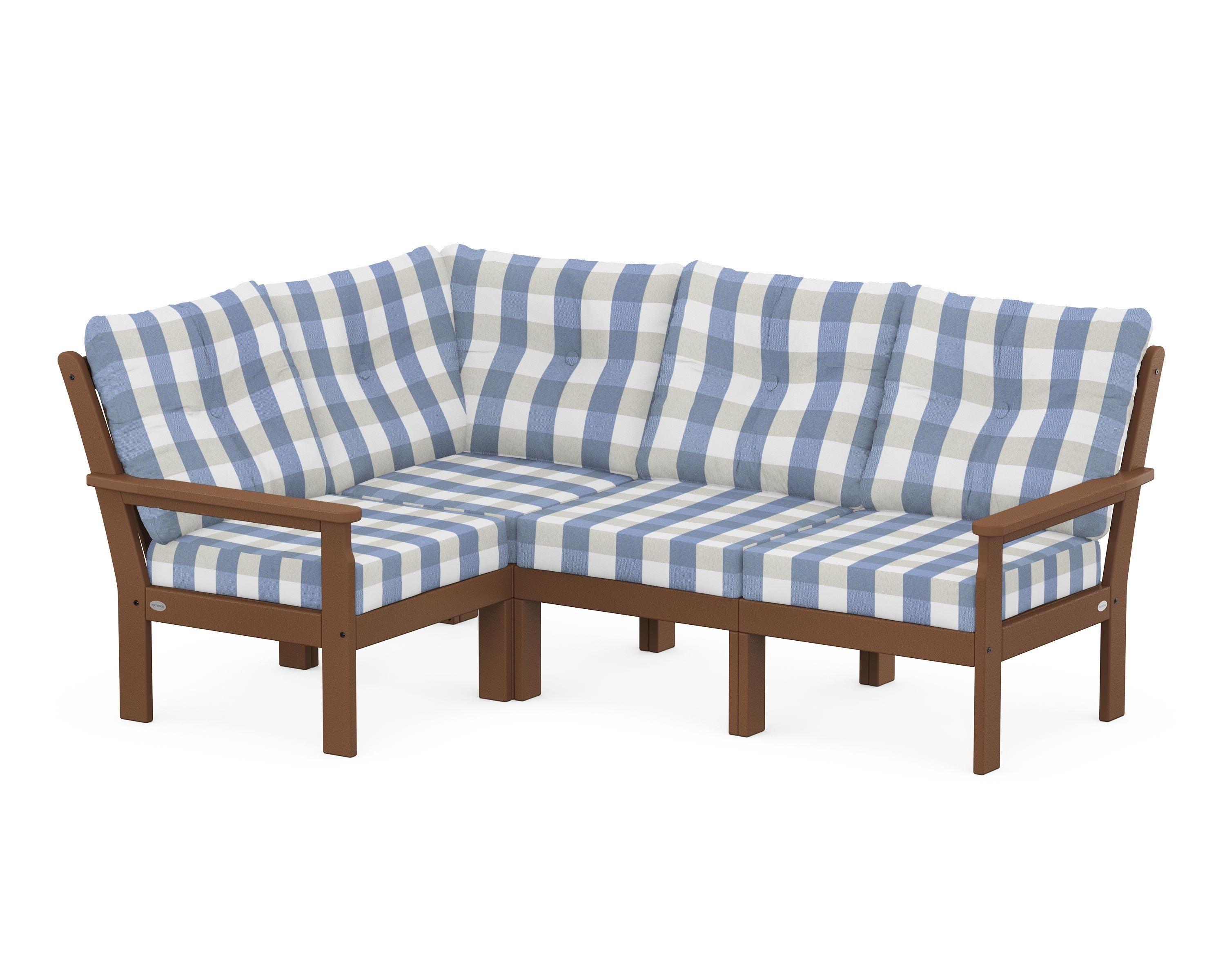 POLYWOOD® Vineyard 4-Piece Sectional in Teak / Buffalo Plaid Sky Blue