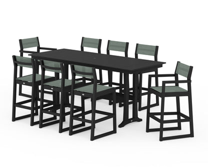 POLYWOOD® EDGE Sling 9-Piece Farmhouse Bar Set with Trestle Legs in Black / Dupioni Sea Mist Sling
