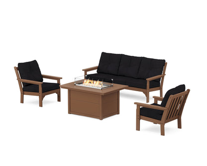 POLYWOOD® Vineyard Deep Seating Fire Pit Table Set in Teak / Midnight Linen