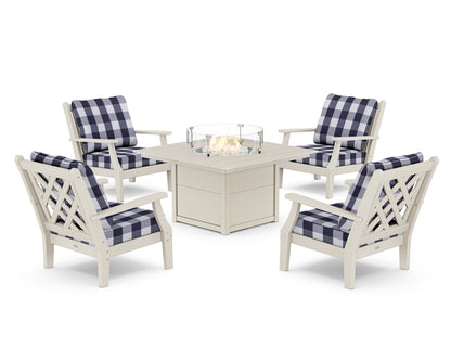 Country Living Wovendale 5-Piece Deep Seating Set with Fire Pit Table in Sand / Buffalo Plaid Navy