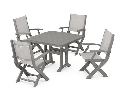 POLYWOOD® Coastal Folding Chair 5-Piece Dining Set with Trestle Legs in Slate Grey / Parchment Sling