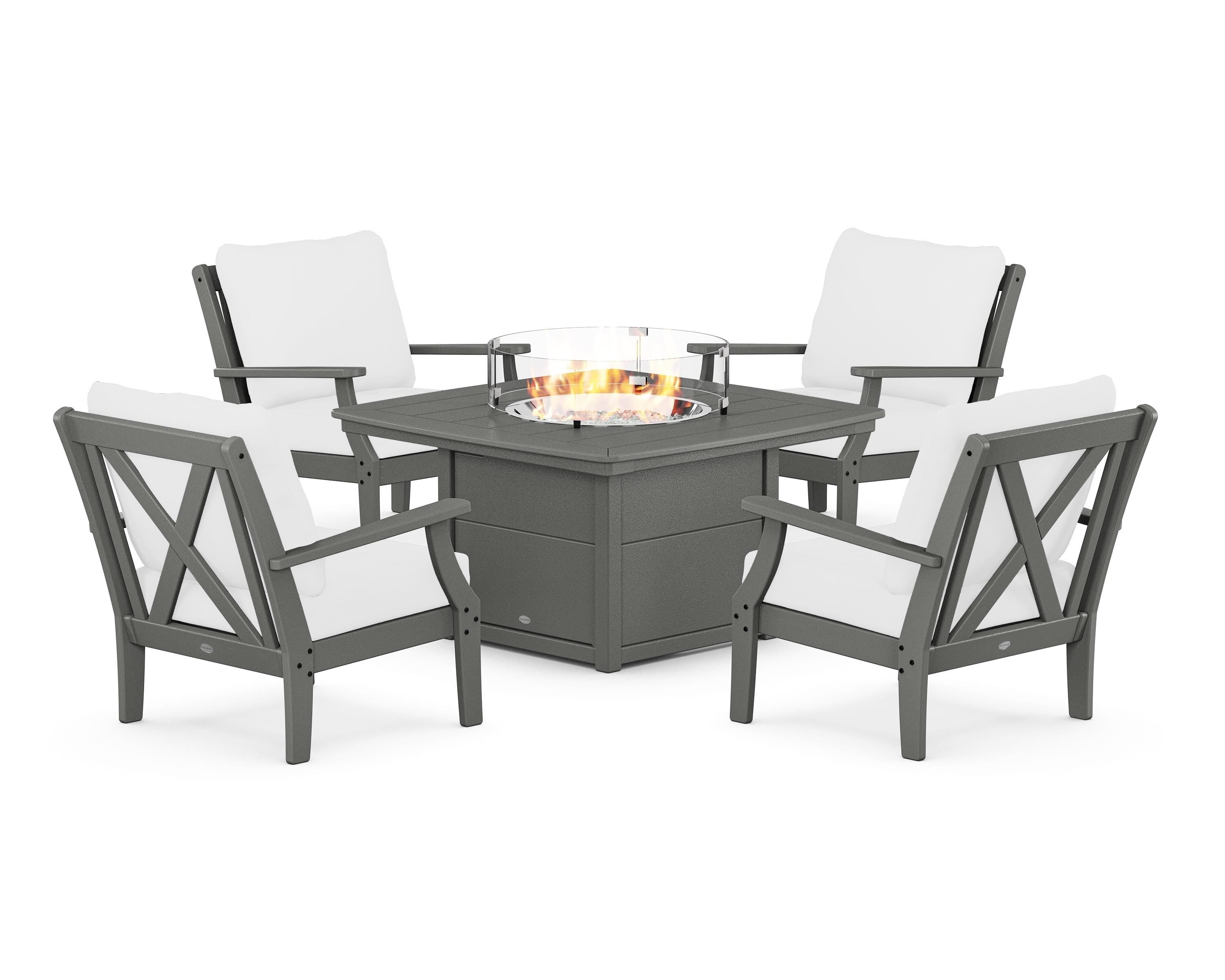 POLYWOOD® Braxton 5-Piece Deep Seating Conversation Set with Fire Pit Table in Slate Grey / Natural