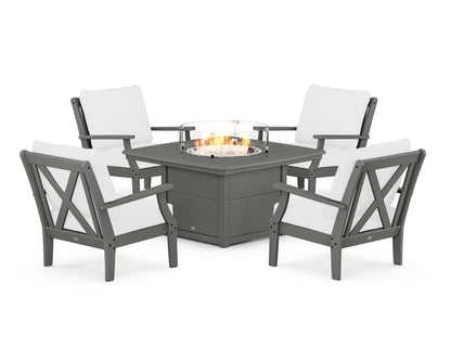 POLYWOOD® Braxton 5-Piece Deep Seating Conversation Set with Fire Pit Table in Slate Grey / Natural