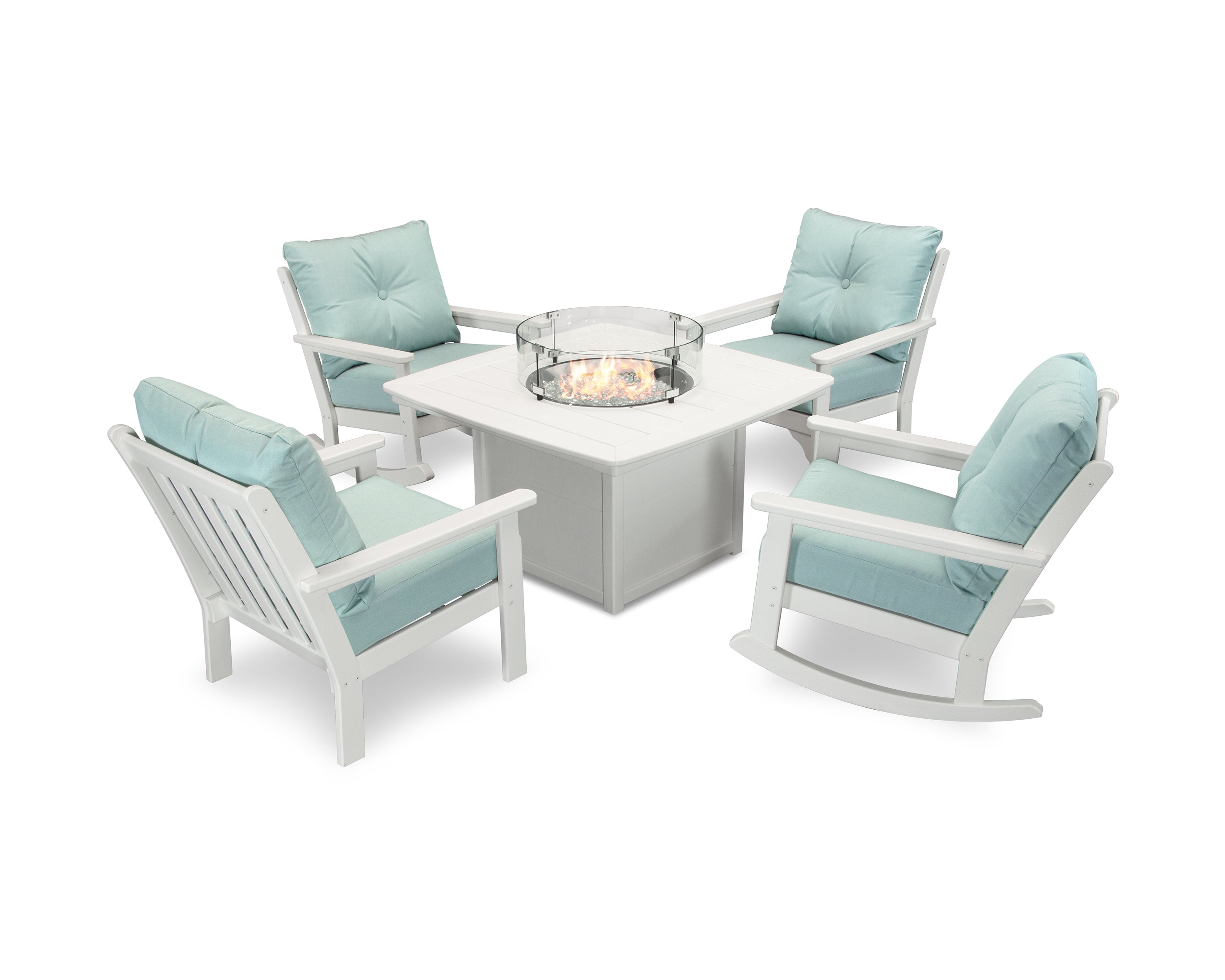 POLYWOOD® Vineyard 5-Piece Deep Seating Rocking Chair Conversation Set with Fire Pit Table in White / Spa