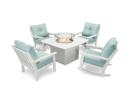 POLYWOOD® Vineyard 5-Piece Deep Seating Rocking Chair Conversation Set with Fire Pit Table in White / Spa