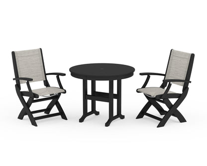 POLYWOOD® Coastal Folding Chair 3-Piece Round Dining Set in Black / Birch Sling