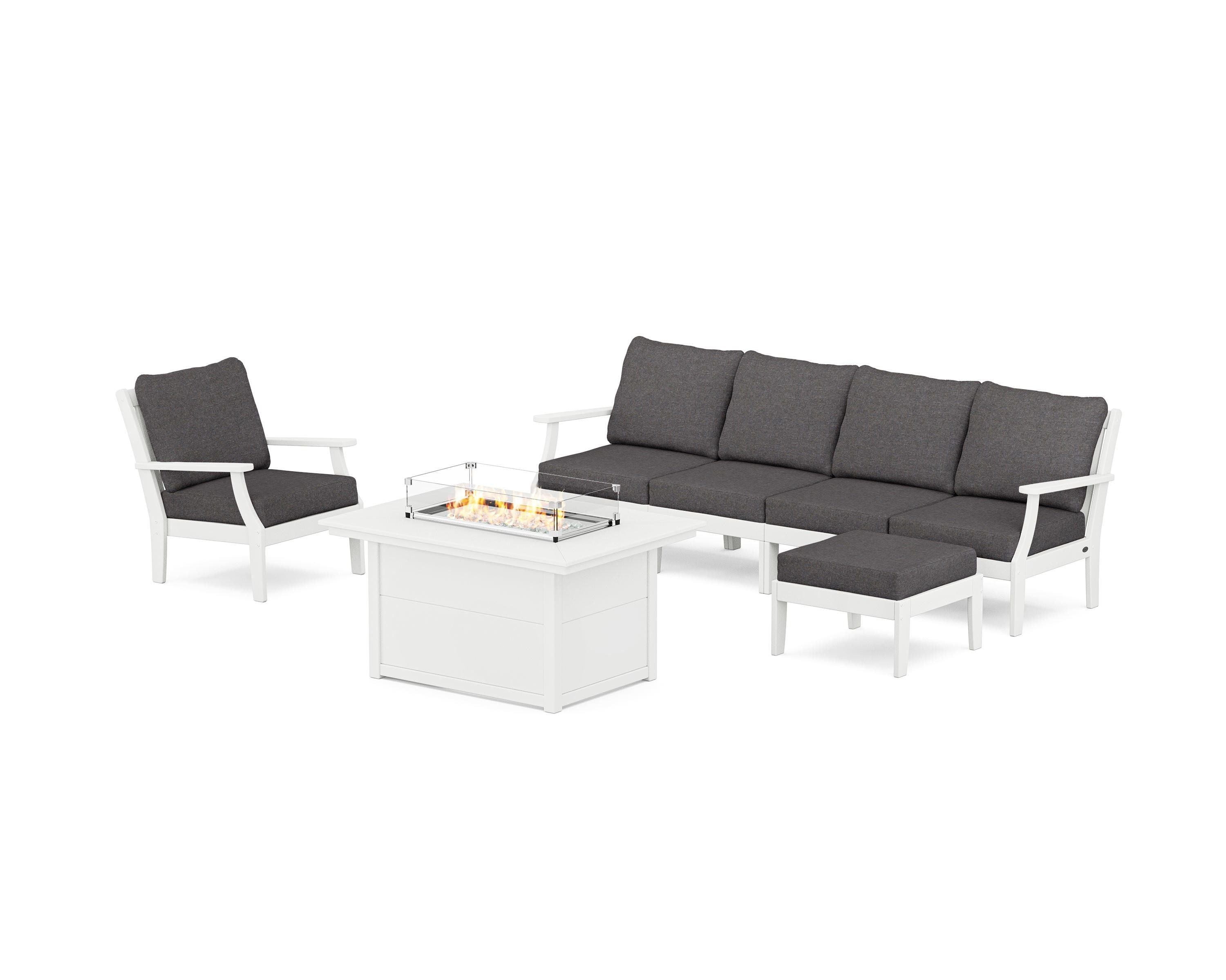POLYWOOD® Braxton Sectional Lounge and Fire Pit Set in White / Ash Charcoal