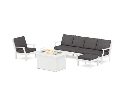 POLYWOOD® Braxton Sectional Lounge and Fire Pit Set in White / Ash Charcoal