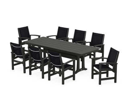 POLYWOOD® Coastal 9-Piece Farmhouse Dining Set with Trestle Legs in Black / Black Sling