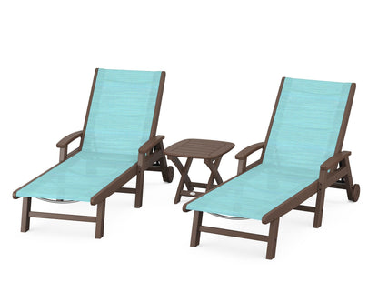 POLYWOOD® Coastal 3-Piece Wheeled Chaise Set in Mahogany / Dupioni Aquamarine Sling