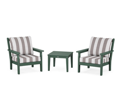POLYWOOD® Chippendale 3-Piece Deep Seating Set in Green / Cabana Stripe Grey Mist