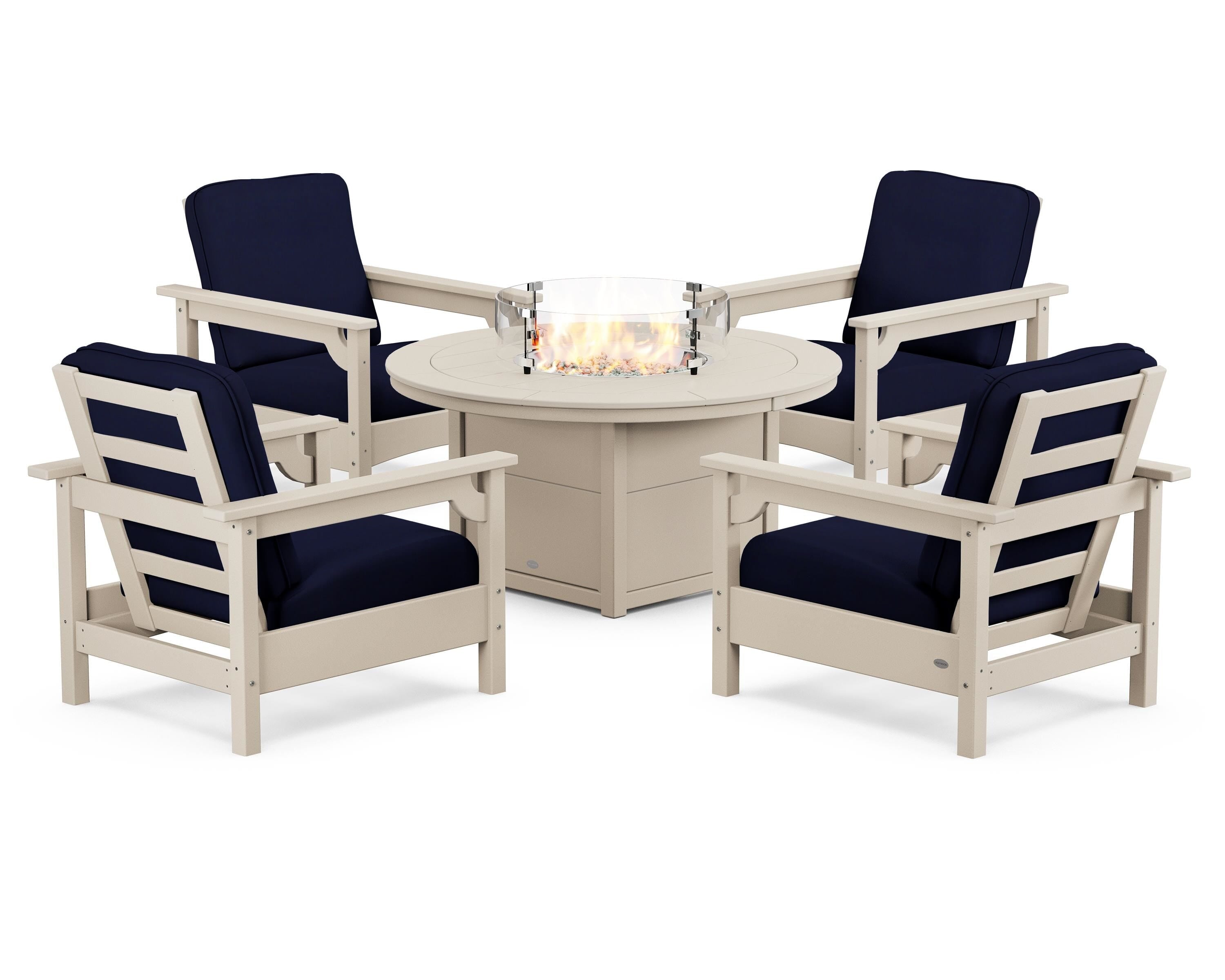 POLYWOOD® Club 5-Piece Conversation Set with Fire Pit Table in Sand / Navy