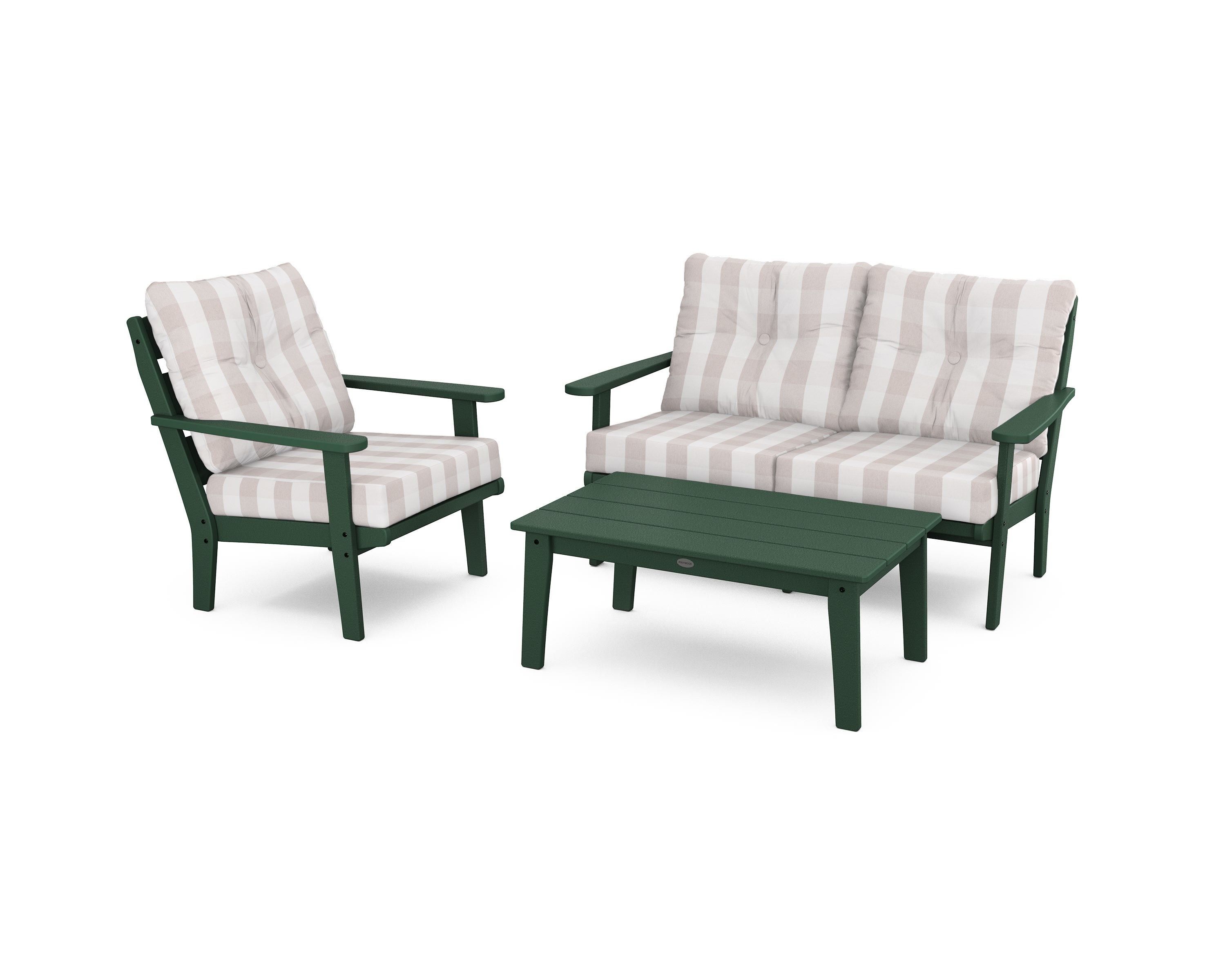 POLYWOOD® Lakeside 3-Piece Deep Seating Set in Green / Buffalo Plaid Dune Burlap