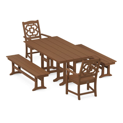Chinoiserie 5-Piece Farmhouse Dining Set with Benches