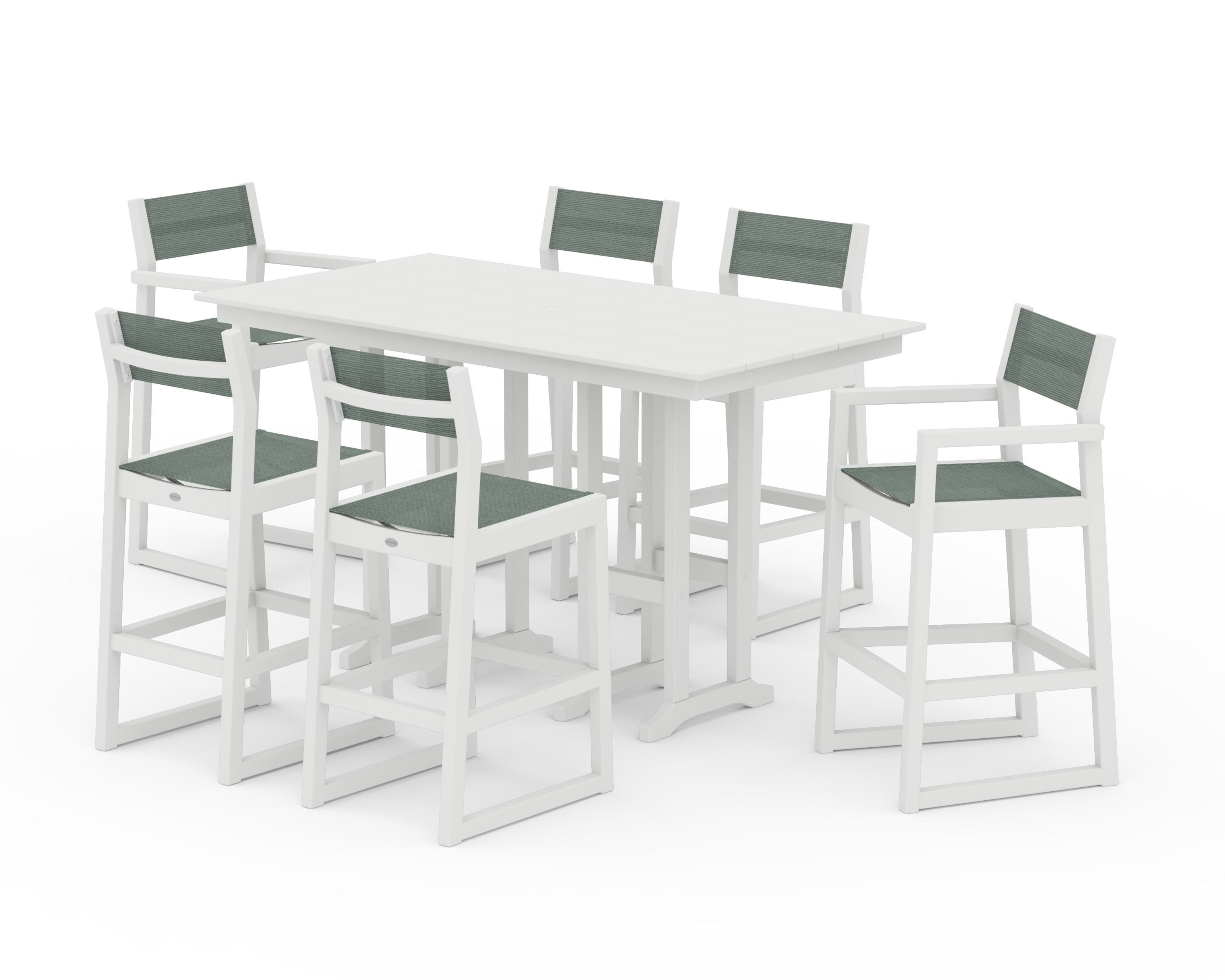 POLYWOOD® EDGE Sling 7-Piece Farmhouse Bar Set in White / Dupioni Sea Mist Sling