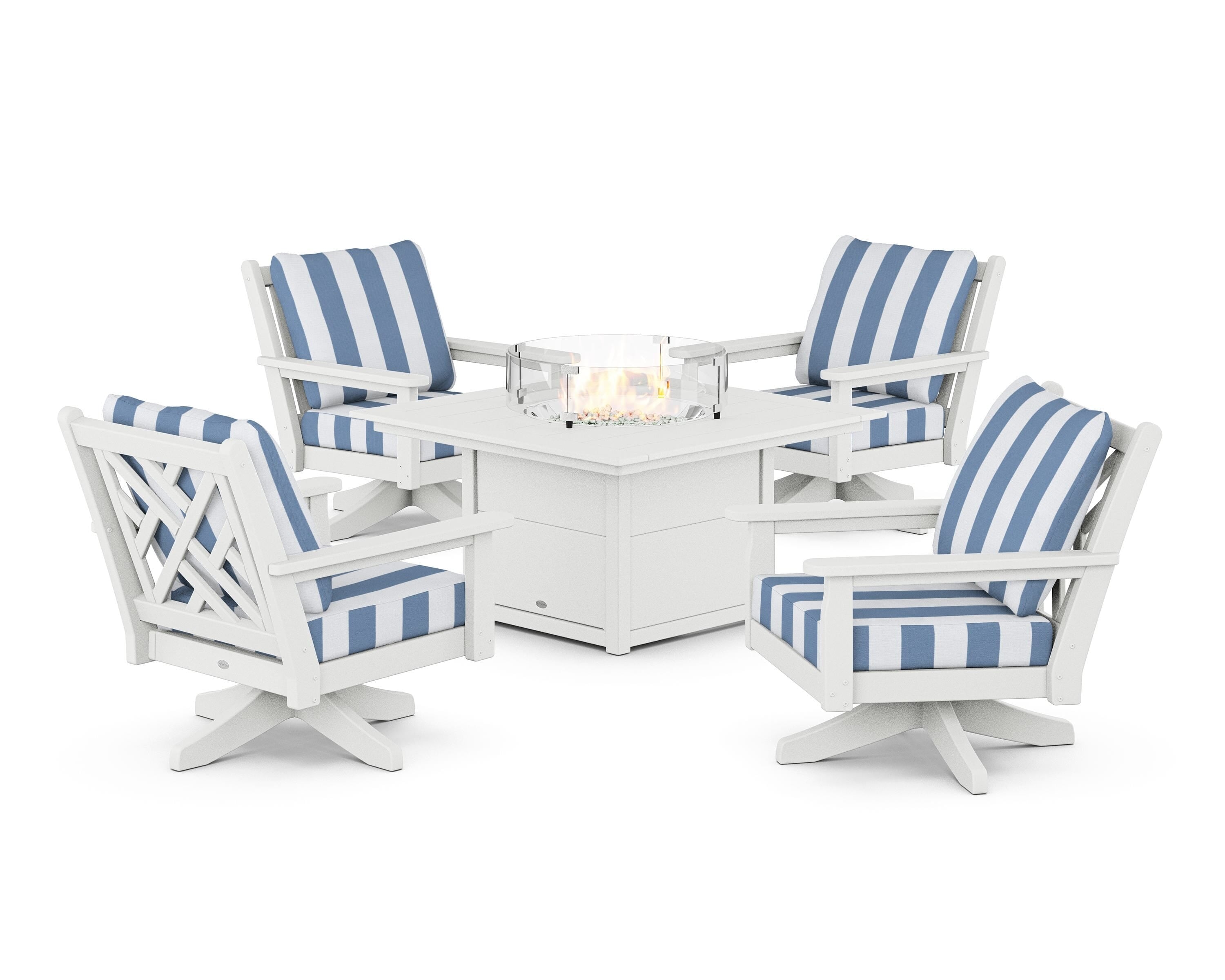 POLYWOOD® Chippendale 5-Piece Deep Seating Swivel Conversation Set with Fire Pit Table in White / Cabana Stripe Sky Blue