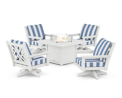 POLYWOOD® Chippendale 5-Piece Deep Seating Swivel Conversation Set with Fire Pit Table in White / Cabana Stripe Sky Blue