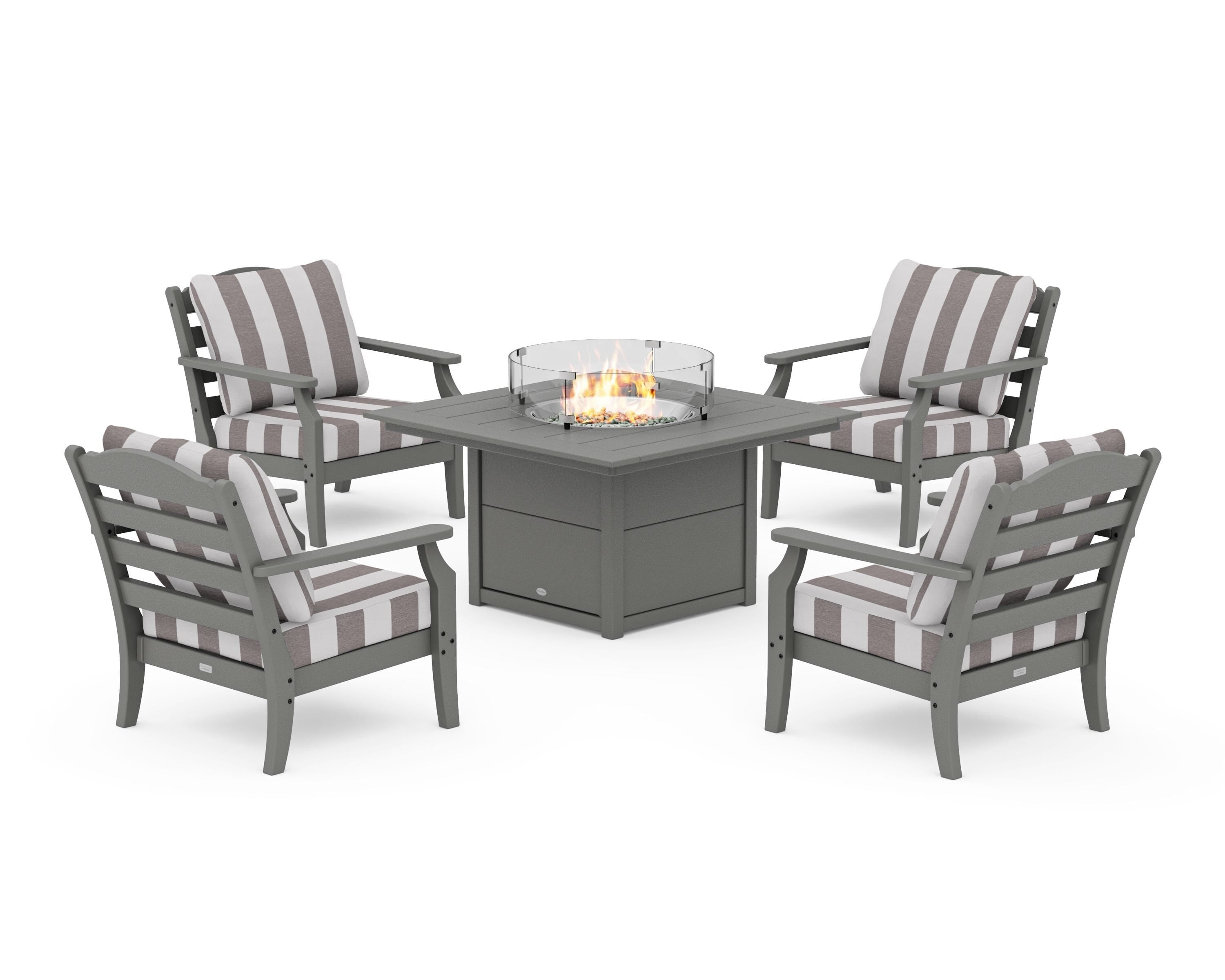 Draper James™ by  POLYWOOD® Savannah 5-Piece Deep Seating Set with Fire Pit Table in Slate Grey / Cabana Stripe Grey Mist