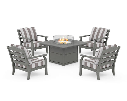 Draper James™ by  POLYWOOD® Savannah 5-Piece Deep Seating Set with Fire Pit Table in Slate Grey / Cabana Stripe Grey Mist