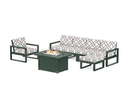 POLYWOOD® EDGE Sectional Lounge and Fire Pit Set in Green / Trellis Grey Mist