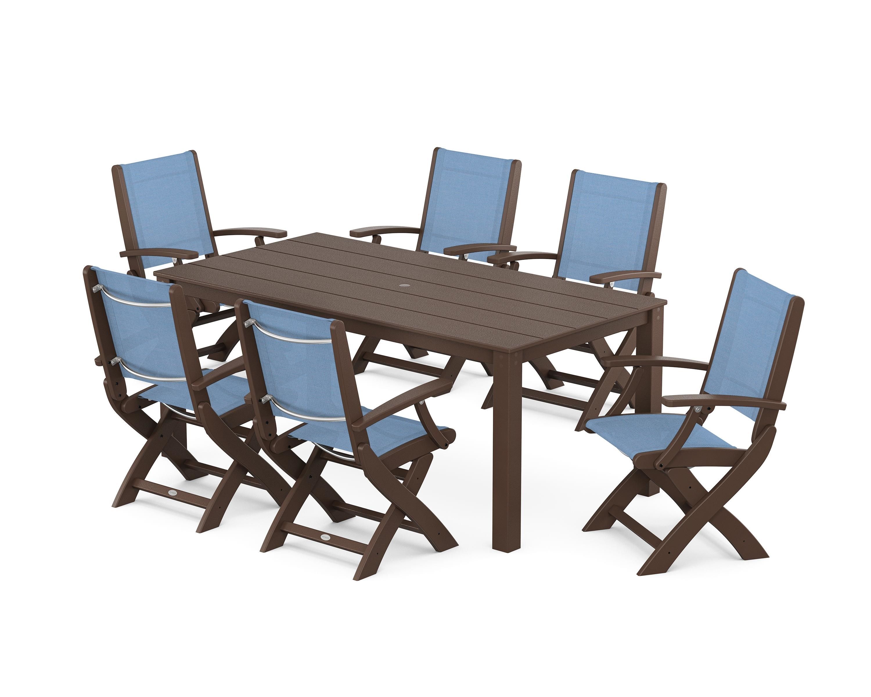 POLYWOOD® Coastal Folding Chair 7-Piece Parsons Dining Set in Mahogany / Poolside Sling