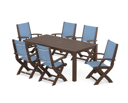 POLYWOOD® Coastal Folding Chair 7-Piece Parsons Dining Set in Mahogany / Poolside Sling
