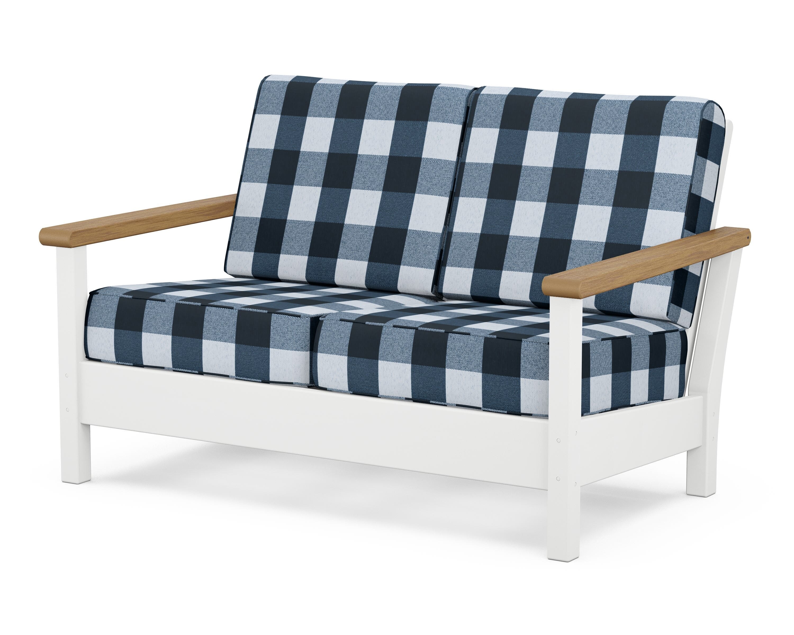 POLYWOOD® Harbour Deep Seating Loveseat in White / Natural / Buffalo Plaid Marine Indigo