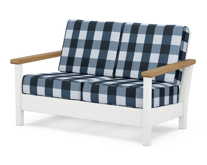 POLYWOOD® Harbour Deep Seating Loveseat in White / Natural / Buffalo Plaid Marine Indigo