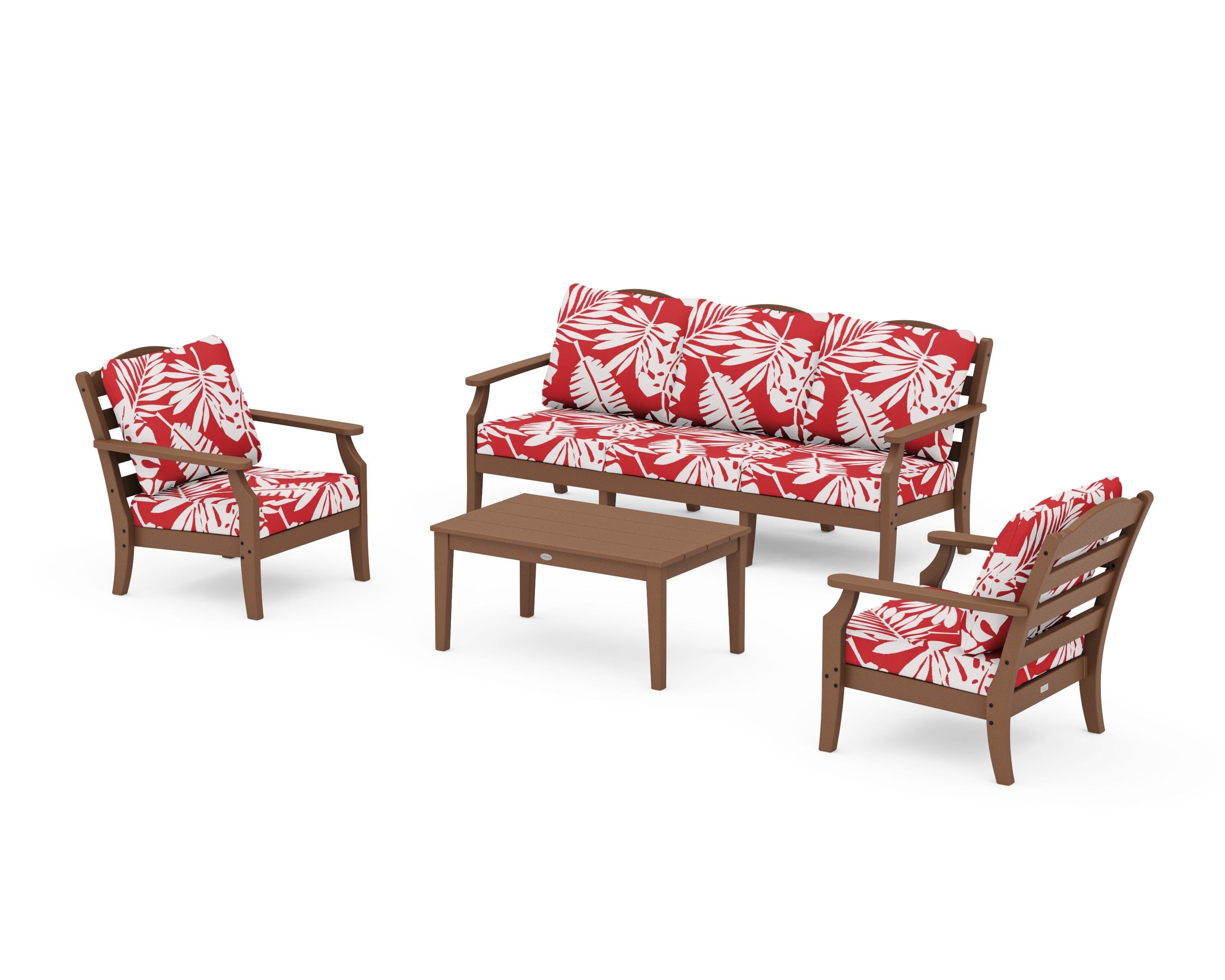 Draper James™ by  POLYWOOD® Savannah 4-Piece Deep Seating Set with Sofa in Teak / Leaf Crimson