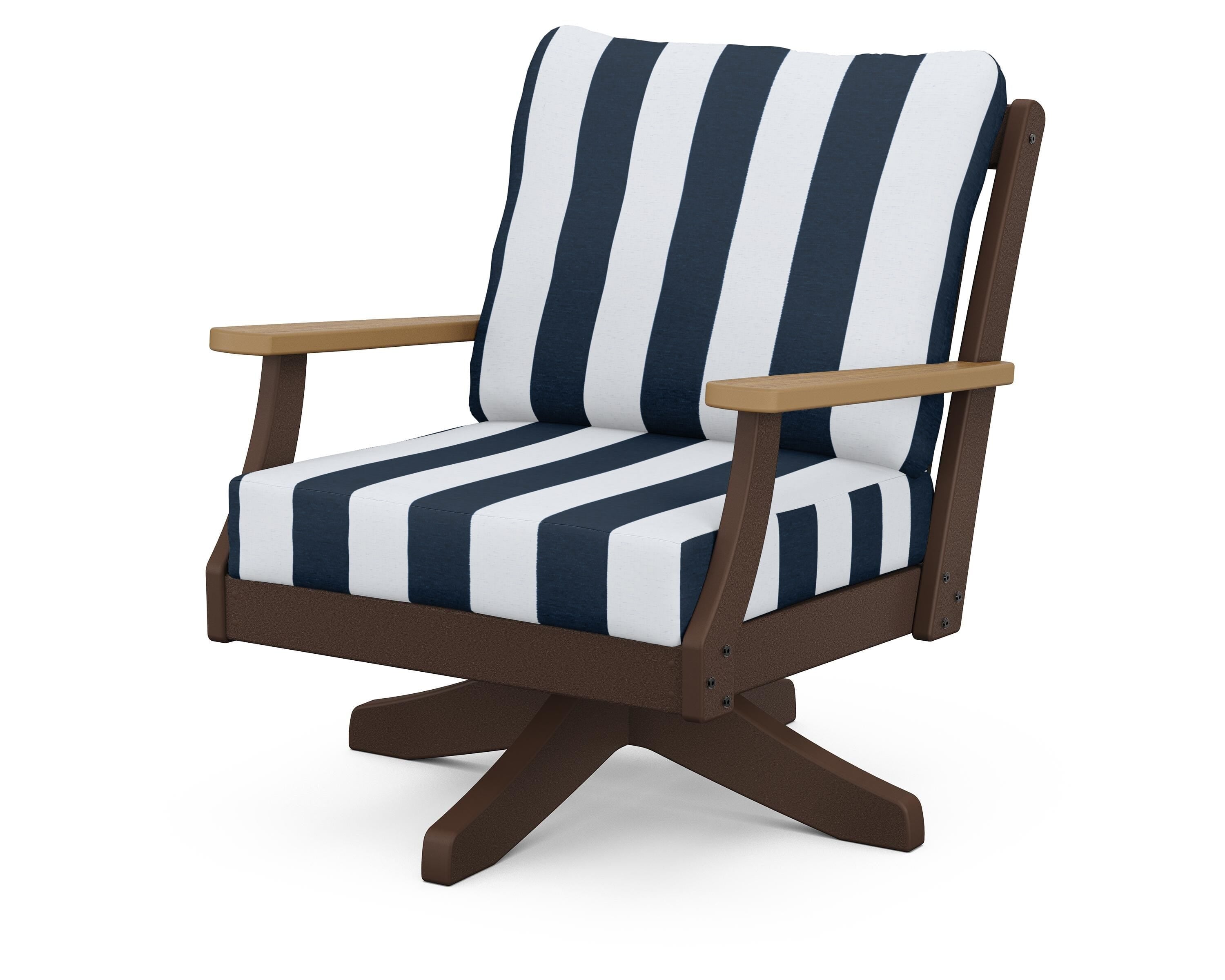 POLYWOOD® Braxton Deep Seating Swivel Chair in Mahogany / Natural / Cabana Stripe Marine Indigo