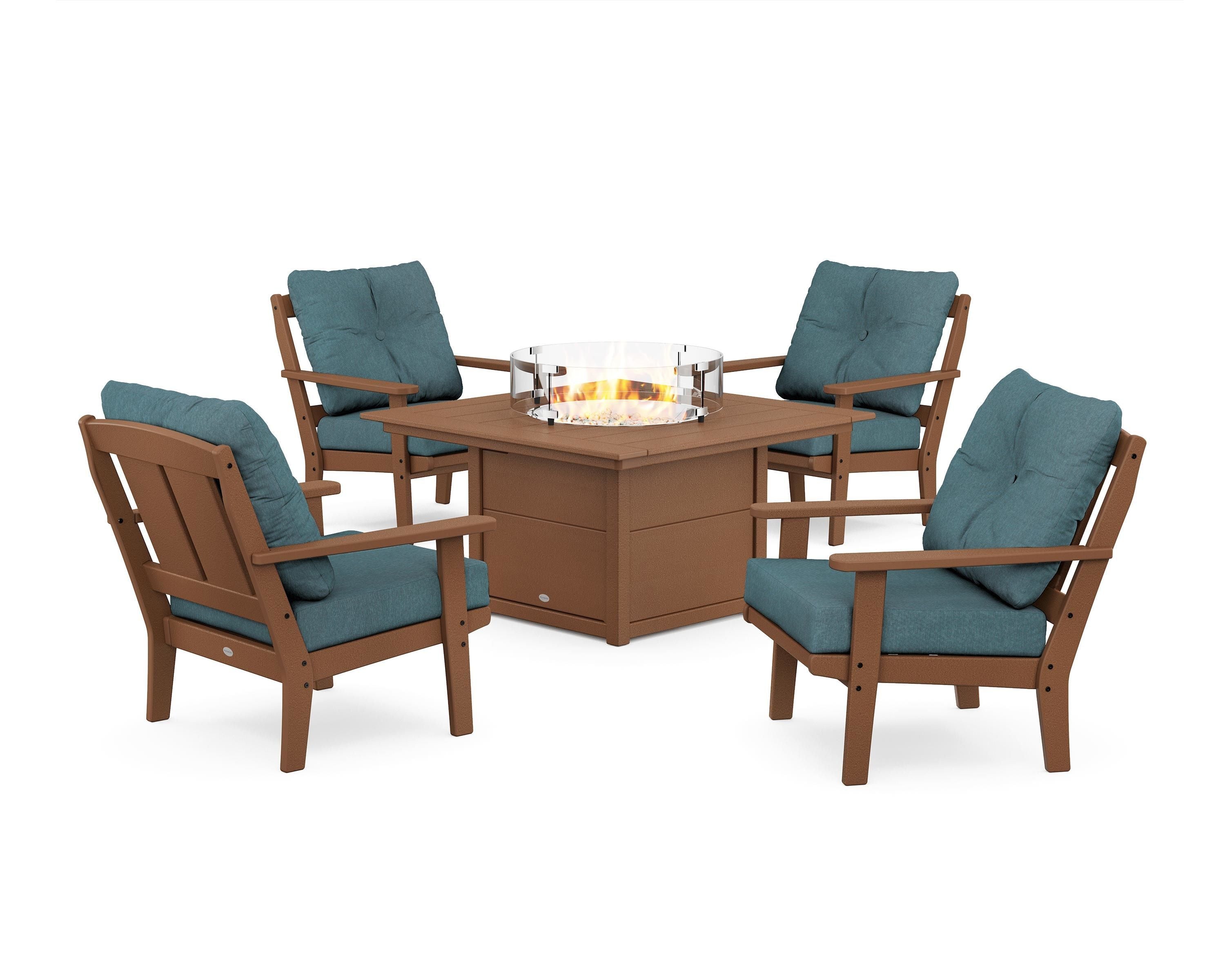 POLYWOOD® Mission 5-Piece Deep Seating Set with Fire Pit Table in Teak / Ocean Teal