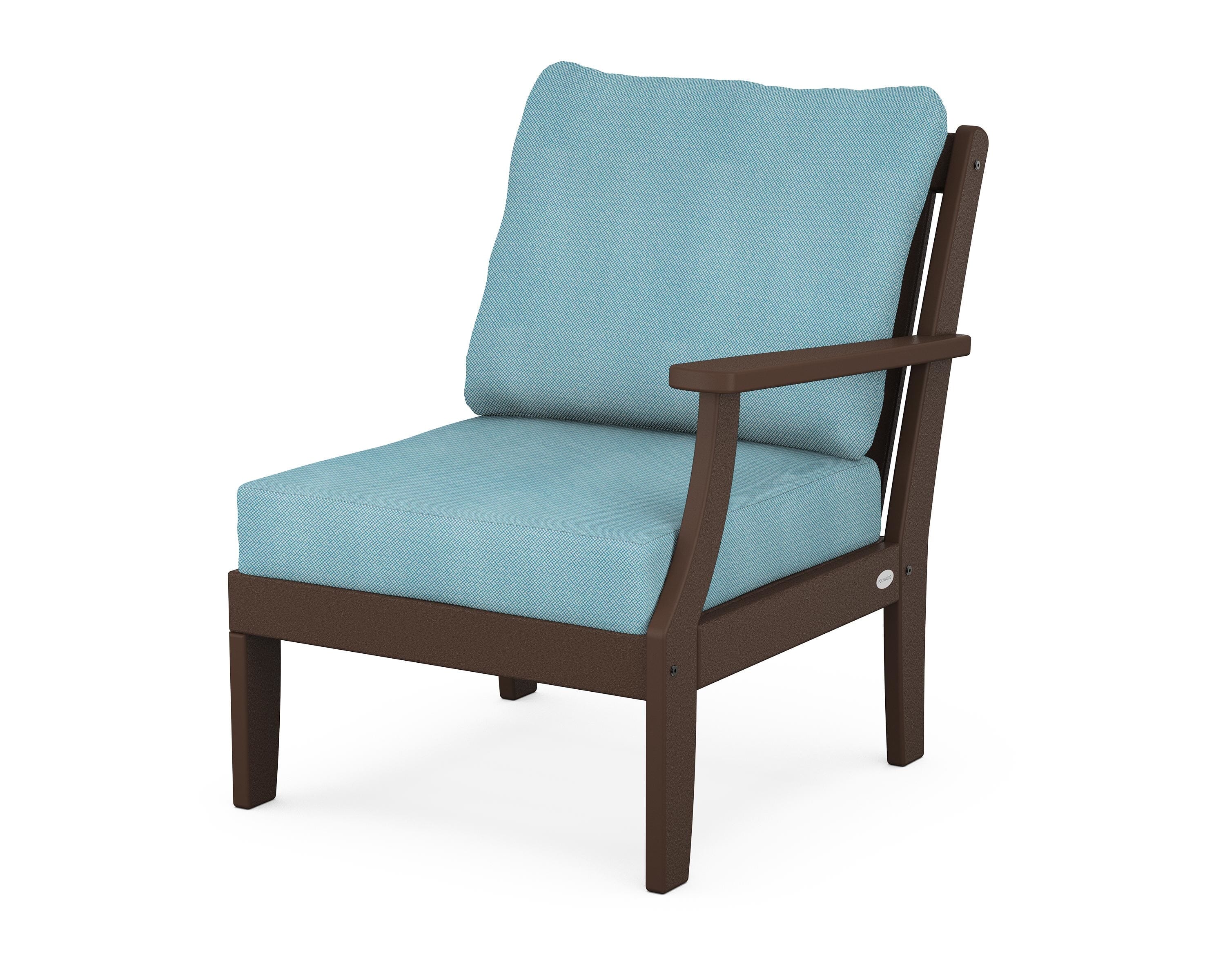 POLYWOOD® Braxton Modular Right Arm Chair in Mahogany / Lattice Sky Blue