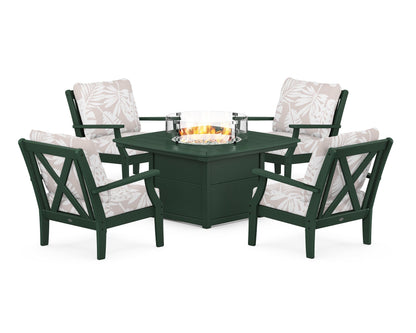 POLYWOOD® Braxton 5-Piece Deep Seating Conversation Set with Fire Pit Table in Green / Leaf Dune Burlap