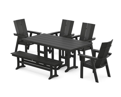 POLYWOOD® Modern Curveback Adirondack 6-Piece Farmhouse Dining Set with Bench in Black