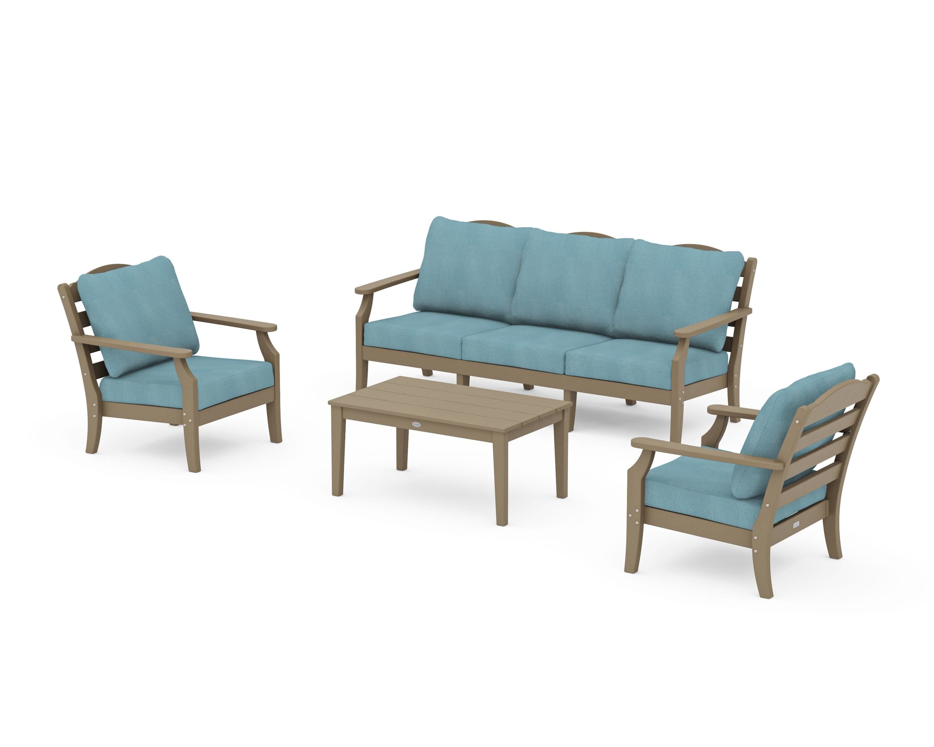 Draper James™ by  POLYWOOD® Savannah 4-Piece Deep Seating Set with Sofa in Vintage Sahara / Lattice Sky Blue