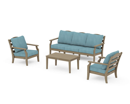Draper James™ by  POLYWOOD® Savannah 4-Piece Deep Seating Set with Sofa in Vintage Sahara / Lattice Sky Blue