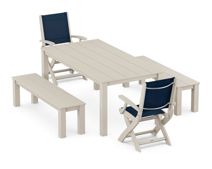 POLYWOOD® Coastal Folding Chair 5-Piece Parsons Dining Set with Benches in Sand / Navy Blue Sling